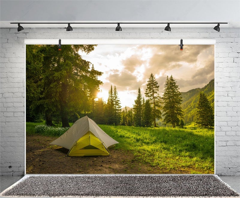 LFEEY 7x5ft Pine Forest Camping Backdrop for Photoshoot Sunrise Outdoor Travel Mountains Landscape Grassland Camp Tents Photography Backdrop Holiday Vacation Background Kids Birthday Photo Shoot Props - Image 4